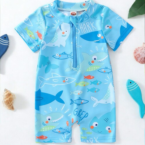 One-piece children's one-piece swimsuit, baby short-sleeved children's seaside beach clothes, baby quick-drying clothes, baby clothes, baby clothes.