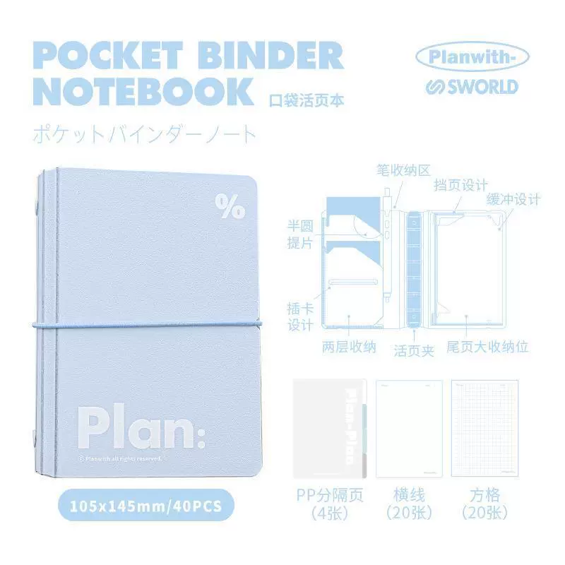 Pocket Binder Notebook Planwith, minimal refillable A6/A7, tear-off pages, portable
