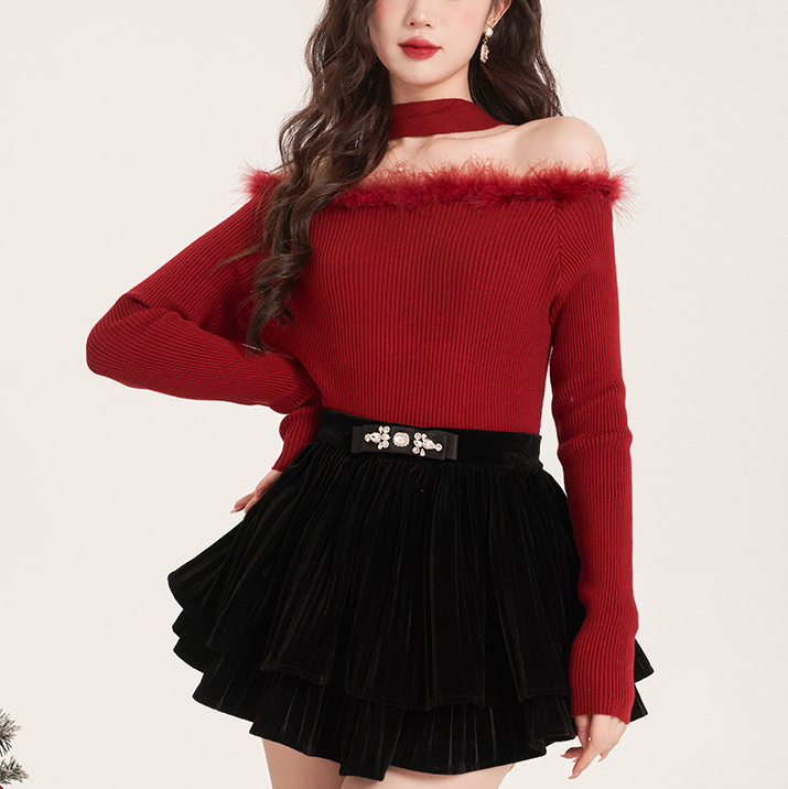 2024 spring new Korean style sweater off-shoulder frayed solid color slim fit sweater women's hot girl sweater top 2024 spring new Korean style sweater off-shoulder frayed solid color slim fit sweater women's hot girl sweater top