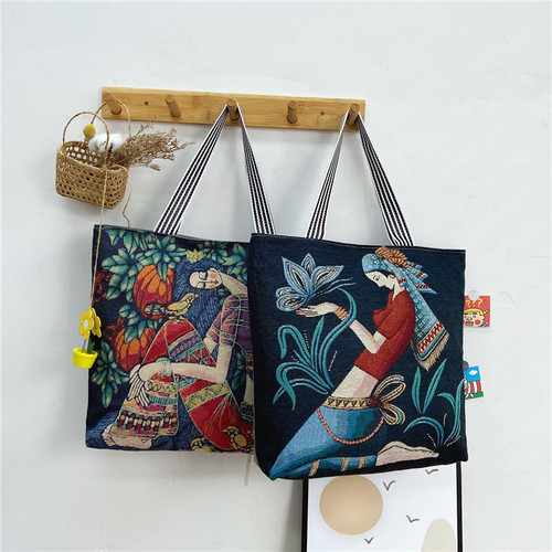 Bags for Ladies: Fashionable New Top-handle Canvas Tote Bag with Hand-painted European and American Retro Style Shoulder Bag