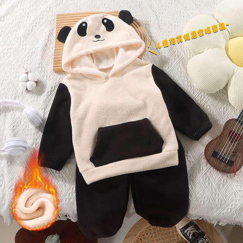 New autumn and winter puff velvet suit for boys and girls, cartoon cute bear pullover for small and medium children, casual two-piece