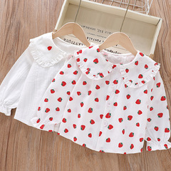 Girls' shirts 2024 new long-sleeved spring and autumn pure cotton lapel lace Korean style tops girls fashionable children's clothing