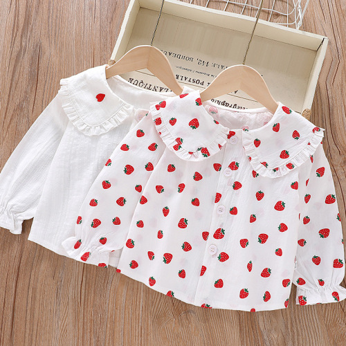 Girls' shirts 2024 new long-sleeved spring and autumn pure cotton lapel lace Korean style tops girls fashionable children's clothing