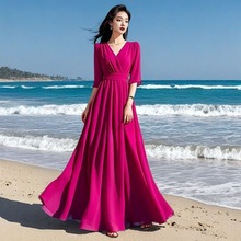 法式高端黄色领亲肤飘逸连衣裙夏中袖气质长款海边度假大摆长…