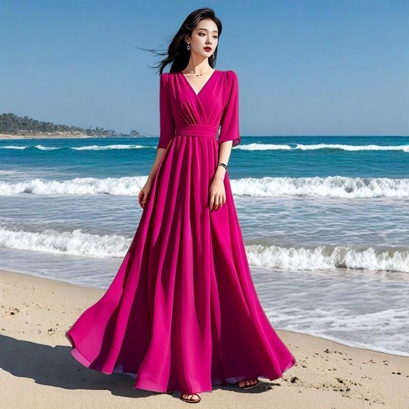 法式高端黄色领亲肤飘逸连衣裙夏中袖气质长款海边度假大摆长…