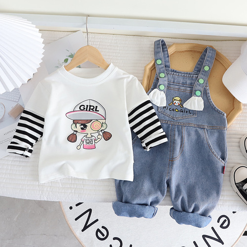 Yikids Girls' Cute Denim Overalls Set with Cartoon Doll Design, 2-Piece Outfit for Baby Girls