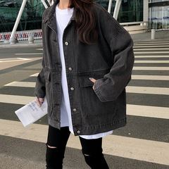 春と秋の大きいサイズの太ったmmの工装のデニムのジャケットの女性の韓国版の学生の長袖の復古のコートのinsのゆったりしている上着