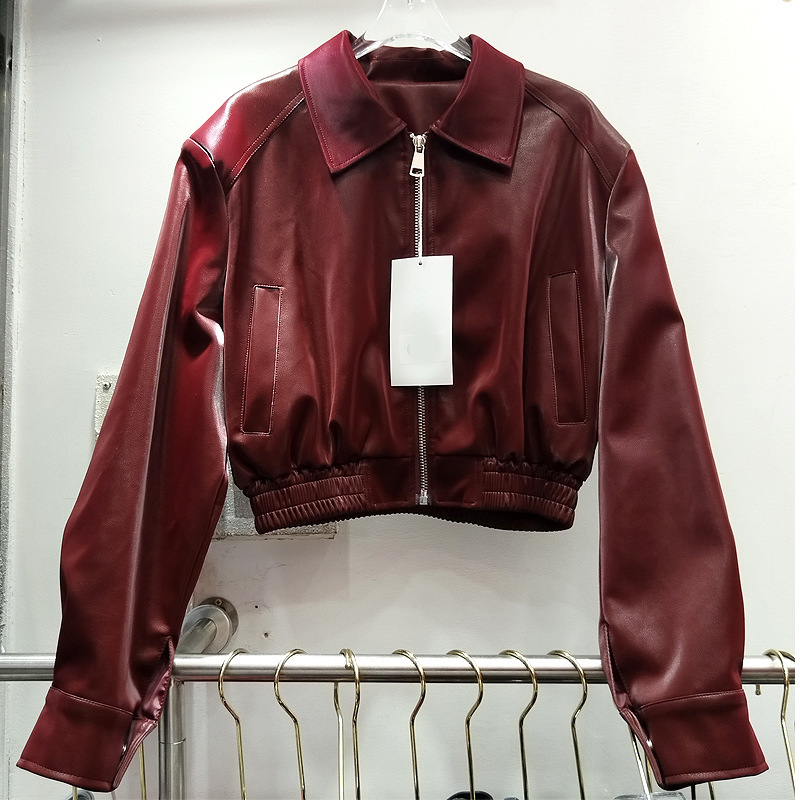 Hong Kong Style Retro Lapel Waist Zipper Design Small Fashionable Versatile Slimming Look Washed Pu Leather Short Jacket for Women