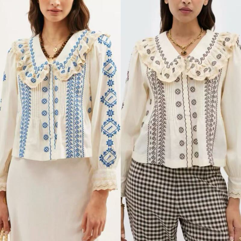 Nanyou High Version Wholesale French Sweet Lace Splicing Accordion Pleated Doll Collar Long-Sleeved Shirt Top