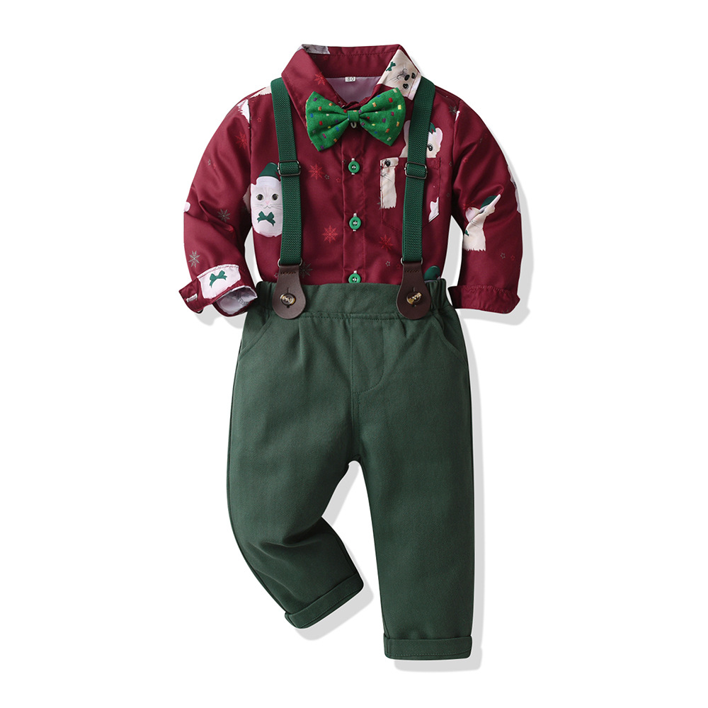 Christmas traje de niño europeo y americano estampado de animales manga larga camisa de Navidad con tirantes traje de dos piezas para niños
