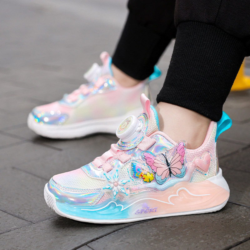 Zapatos deportivos de niñas 2026 primavera nuevo botón respirable de malla zapatos de carrera para niños grandes anti-deslizante con suela suave zapatos de papá