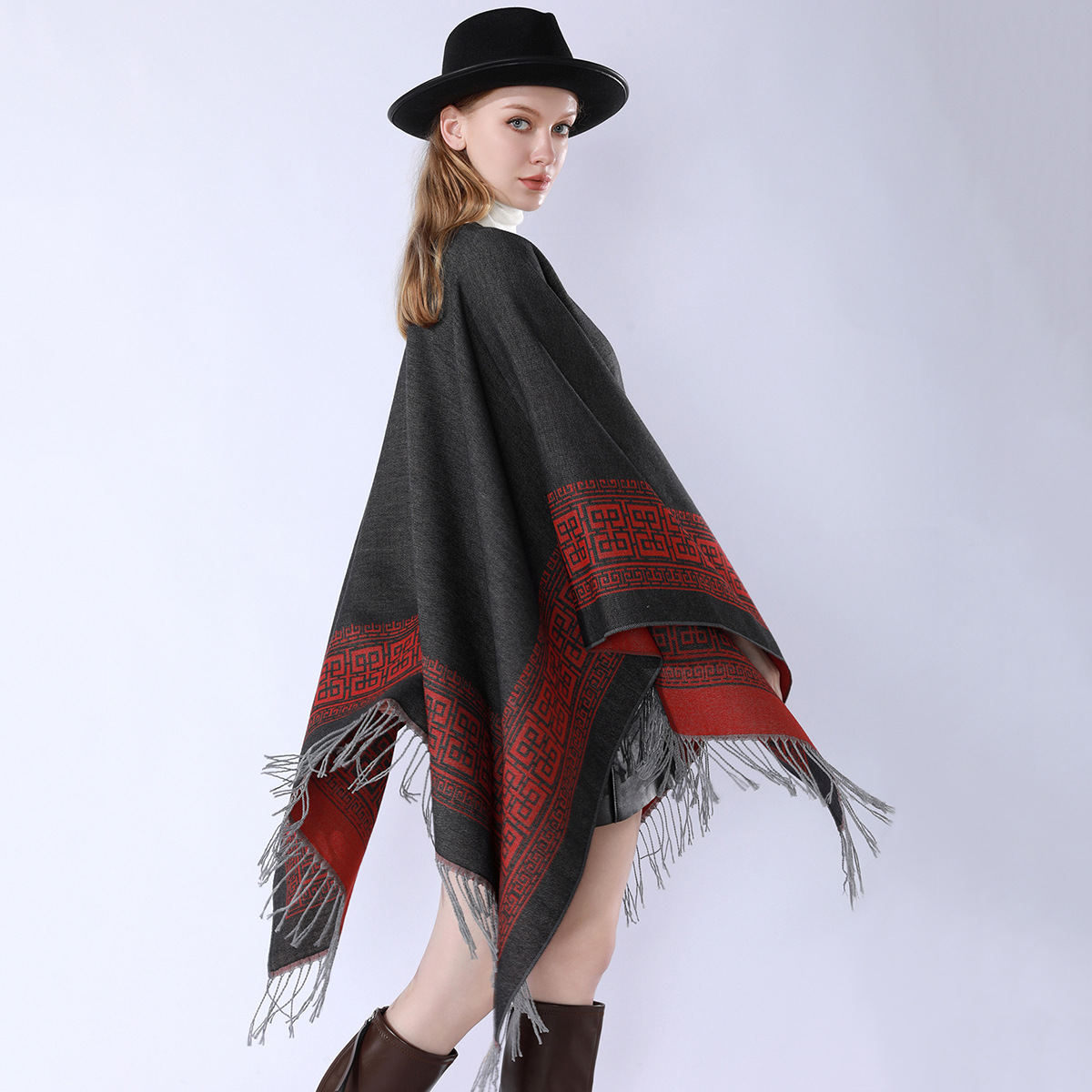 Nuevos productos transfronterizos de moda de otoño y invierno atmósfera simple bordilla exterior con una capa universal de alto caliente capa bifurcada