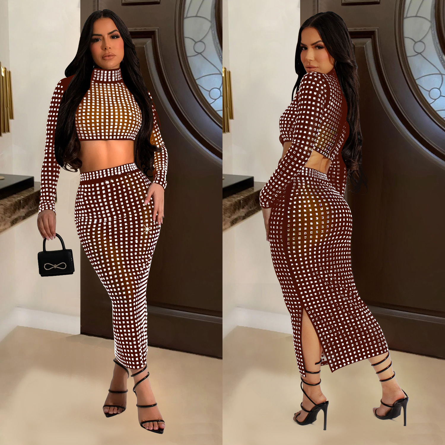 C6946 Cross-border AliExpress Amazon Independent Station Falda de dos piezas de malla de diamantes calientes de color sólido para mujer de moda europea y americana