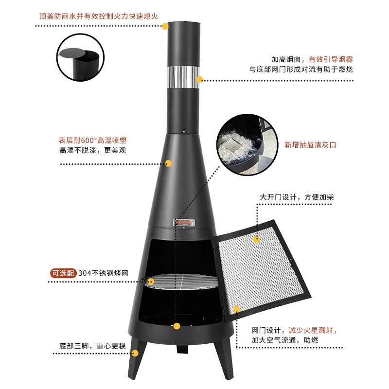 Horno de carbón de jardín al aire libre parrilla de barbacoa doméstica sin humo leña estante de fuego alargado chimenea al aire libre