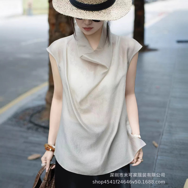 Niche Design Semi-Transparent Elegant Draped Collar Rayon Top 20026 New Summer Style Loose-Fitting Slimming Shirt Niche Design Semi-Transparent Elegant Draped Collar Rayon Top 20026 New Summer Style Loose-Fitting Slimming Shirt