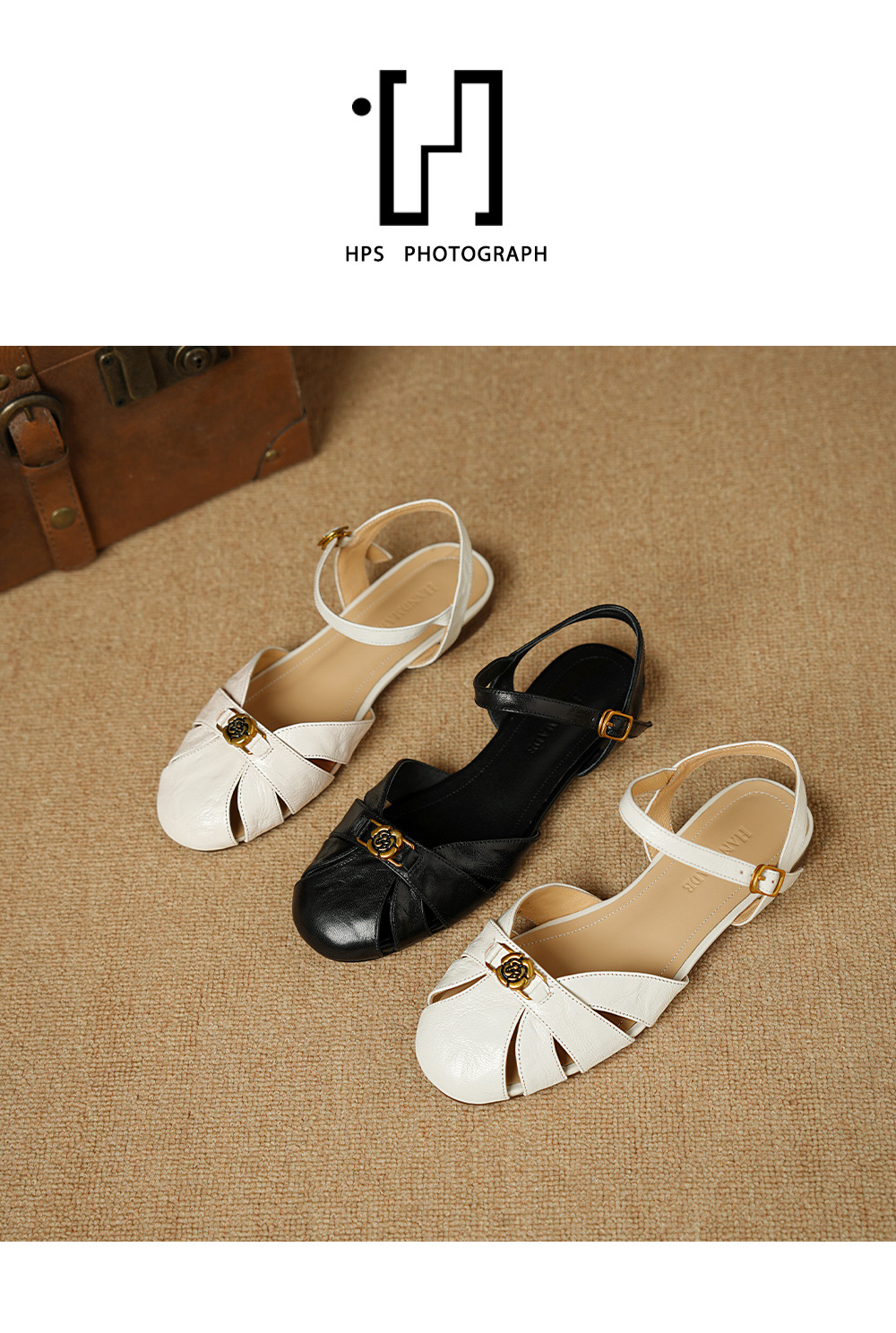 Sandal nữ bít mũi da cừu quai ngang hoa trà đế thấp — Màu đen chi tiết 13