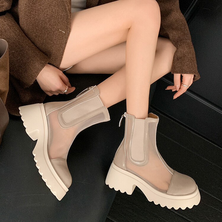 Boot ngắn nữ da bò mũi tròn đế dày thoáng khí khóa kéo sau — Màu đen, Màu mơ chi tiết 99