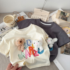 子供半袖tシャツ2025夏の新型立体人形上着男女子供純綿半袖アニメtシャツ卸売り