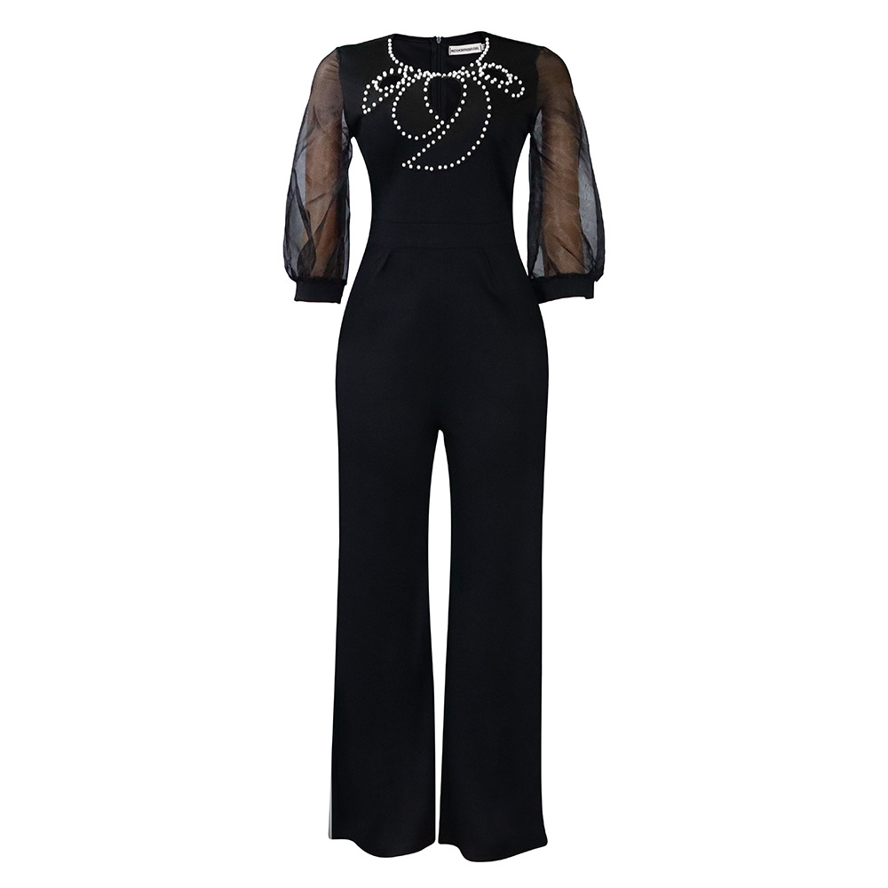 D3183 ropa de mujer de comercio exterior 2023 Verano manga corta puff manga larga cuentas sexy cintura de pierna ancha más tamaño mono transfronterizo