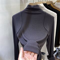 秋冬用レディースインナーレイヤー、ハーフタートルネック、デルロン素材、グレー、保温性、フィッシュボーンストレッチTシャツ、高伸縮性、スリムフィット