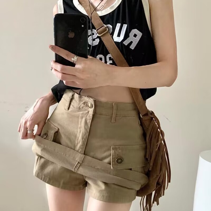 2023 new hot girl khaki A- line workwear skirt women's summer denim skirt sexy hip skirt pocket skirt