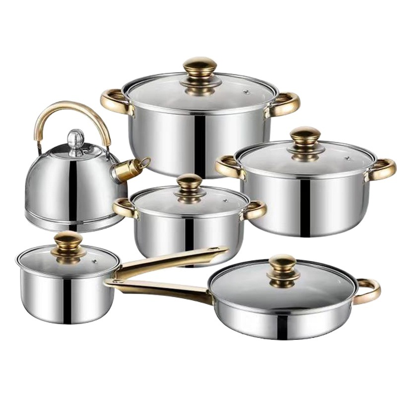 Cross-border engrosada doble fondo de 12 piezas conjunto de olla de acero inoxidable sola manija olla de leche olla de sopa de doble oreja olla de regalo de seis piezas