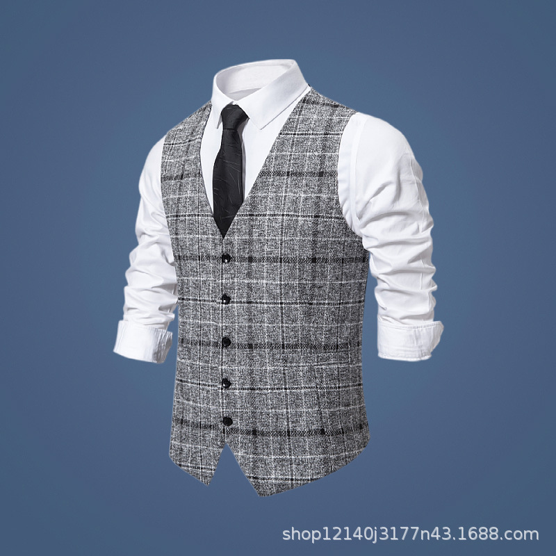 Cross-border Autumn and Winter New Men's Vest Slim-fit Single-breasted Suit Vest Men's British Plaid Vest Men's Cardigan