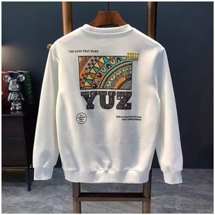 Autumn and Winter New Trendy Brand Printed Boys' Tops, Fashionable Pullover, Round Neck, Long Sleeves, Casual, Versatile, Trendy Men's Sweatshirts with Velvet