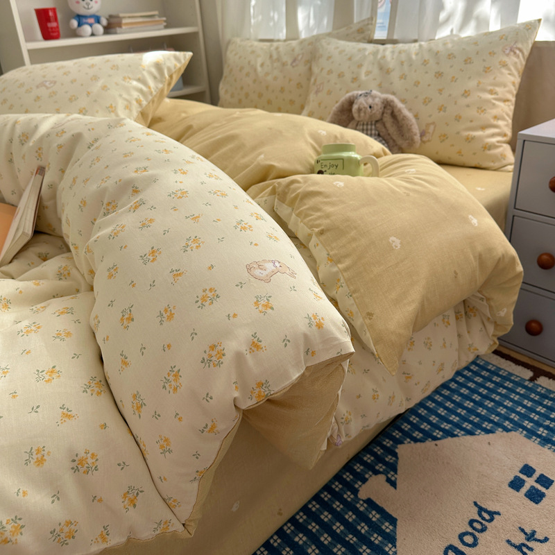 Tesoro de Conejo Flor Amarilla (¡Recomendado!) / Juego de sábanas de 1,2 m de tres piezas [funda de edredón 150*200cm sábana de cama 180*230cm funda de almohada 48*74cm * 1]