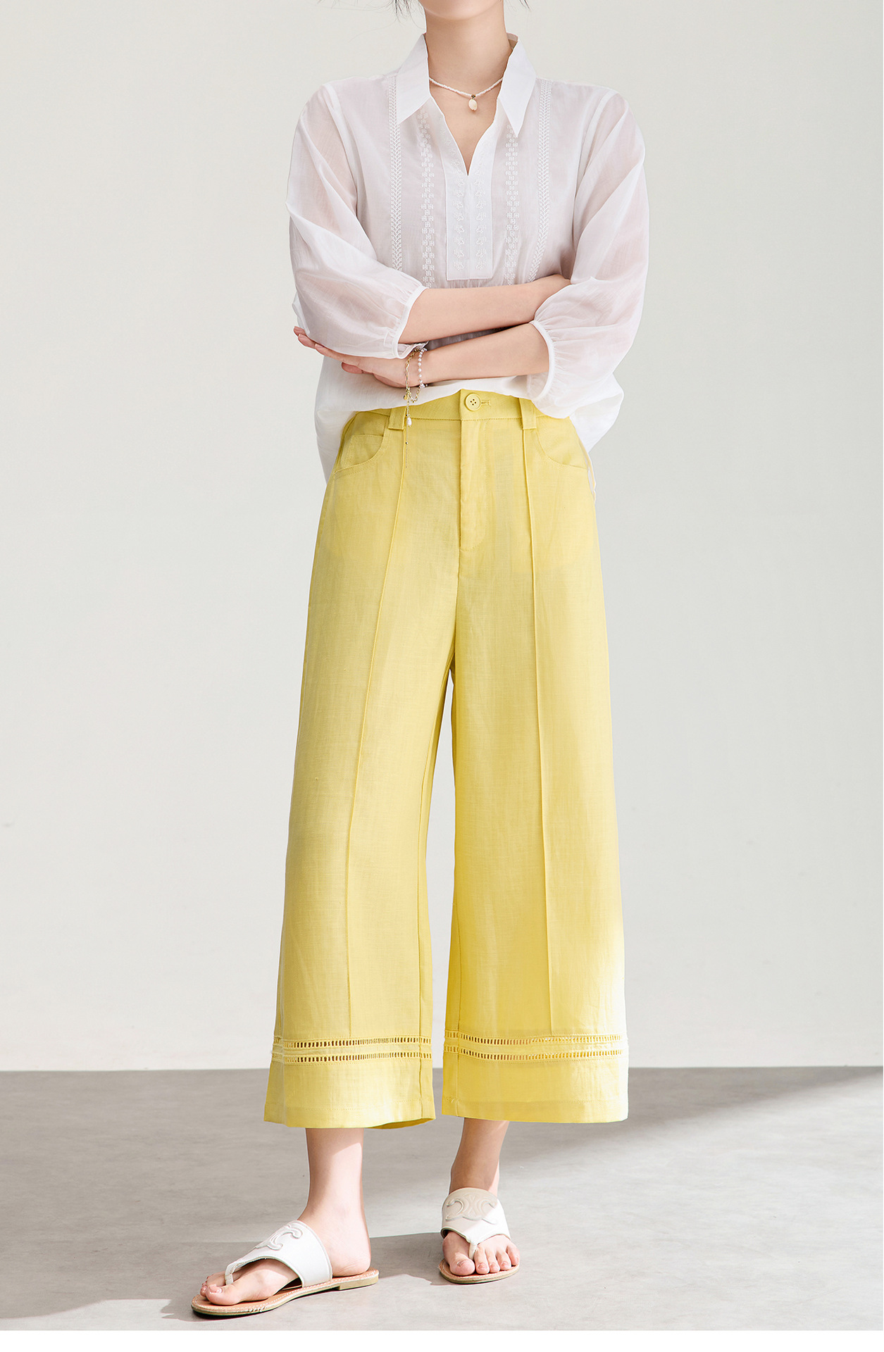 Quần culottes nữ ống rộng dáng dài 9 phần, chất liệu sợi gai dầu mỏng nhẹ mùa hè — màu xanh navy chi tiết 10