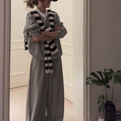 韩系假两件灰色系长袖睡衣女秋季休闲舒适大码高级感家居服三件套