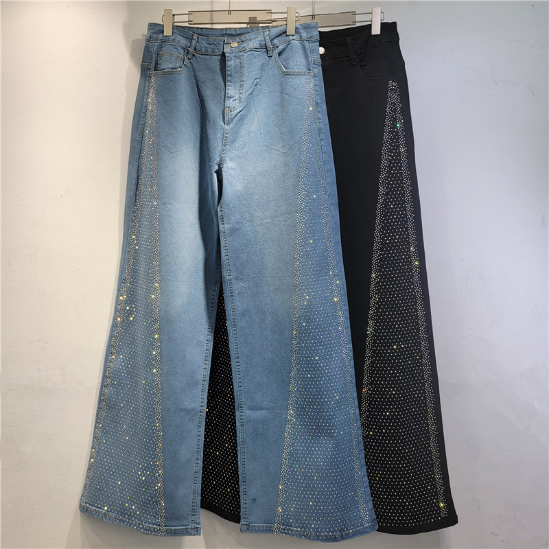 Brillante lateral diseño de taladro caliente jeans elásticos de primavera de mujer nuevos pantalones de piernas largas de cintura alta sueltos delgados