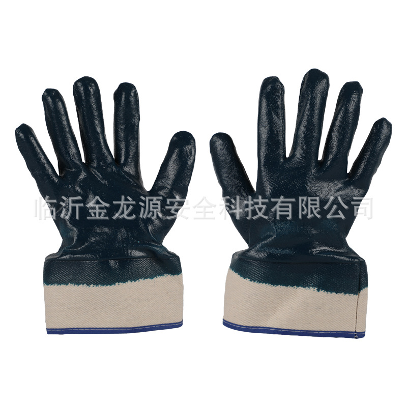 批发劳保浸胶手套长安全口全挂蓝丁腈耐磨劳保用品透气防滑挂胶手