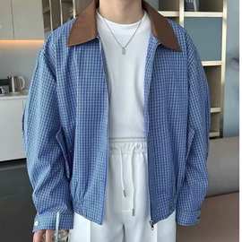 撞色皮领蓝色格子夹克外套男2024秋季新款宽松复古垫肩拉链上衣服