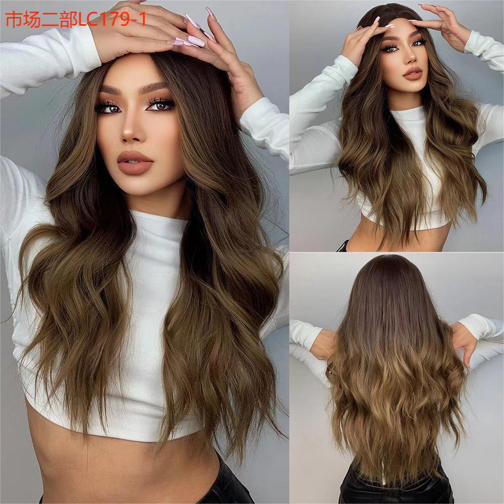 Peluca de moda para mujer, estilo transfronterizo, con raya en medio, castaño degradado, cabello largo rizado, ondas grandes, fibra mate resistente al calor, peluca completa.