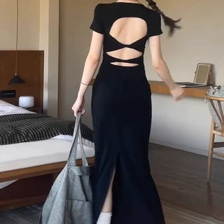 赫本风法式纯欲黑色露背连衣裙子女夏新款设计感开叉修身包臀长裙