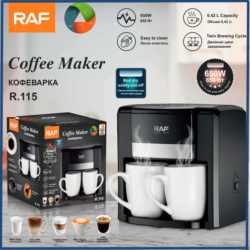 Raf European Cross-Border Coffee Machine Small Semi-Automatic Household Drip American Coffee Machine Double Cup Automatic Moka Pot