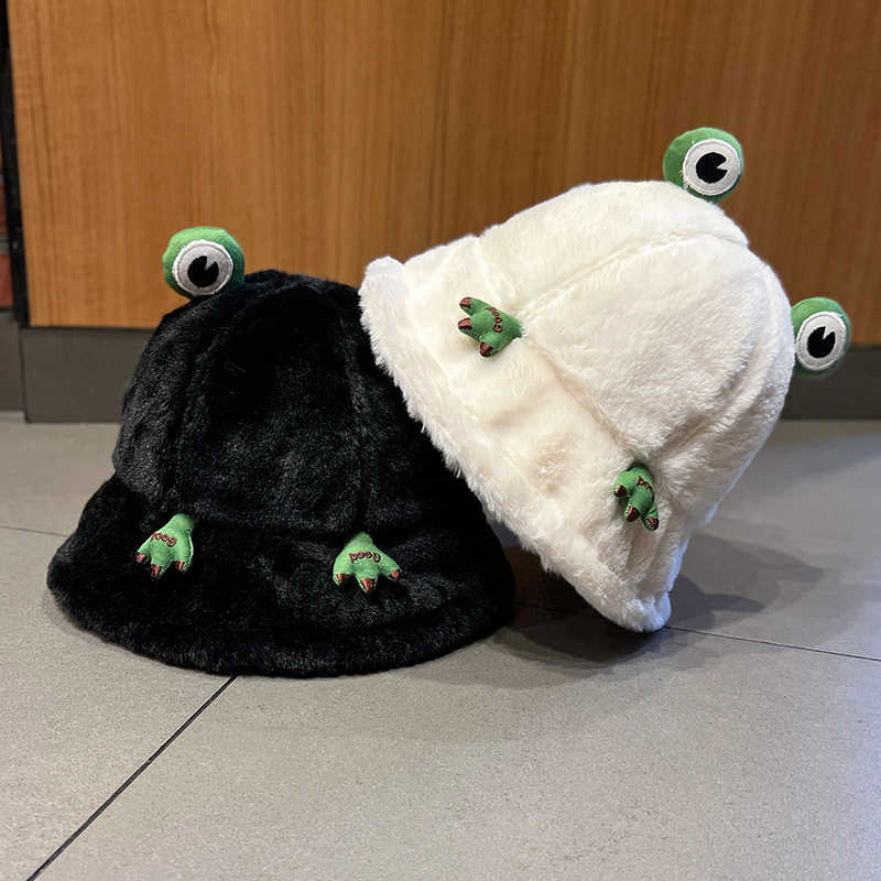 Bonito sombrero rana mujer otoño invierno coreano grueso sombrero pescador de peluche japonés dibujos animados estudiantes calientes versátiles sombrero bañera