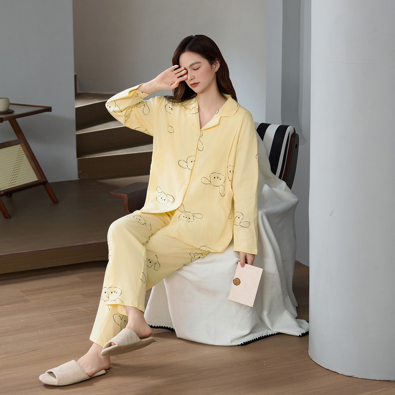 Breastfeeding Pajamas for Women, Pure Cotton, Spring and Autumn, Long-Sleeved Set, Large Size, Adjustable, Postpartum Maternity Wear, Cute Loungewear