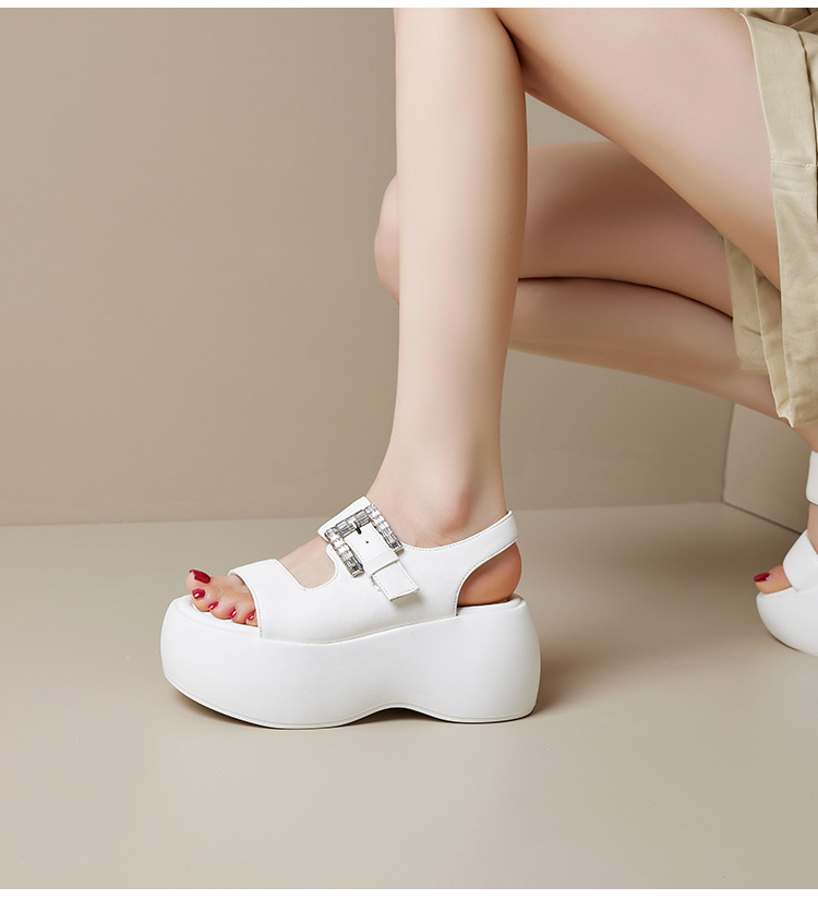 Dép sandal La Mã đế bánh xốp dày mới mùa hè 2025 hở ngón khóa thắt lưng tăng chiều cao — Màu đen, Màu trắng chi tiết 16