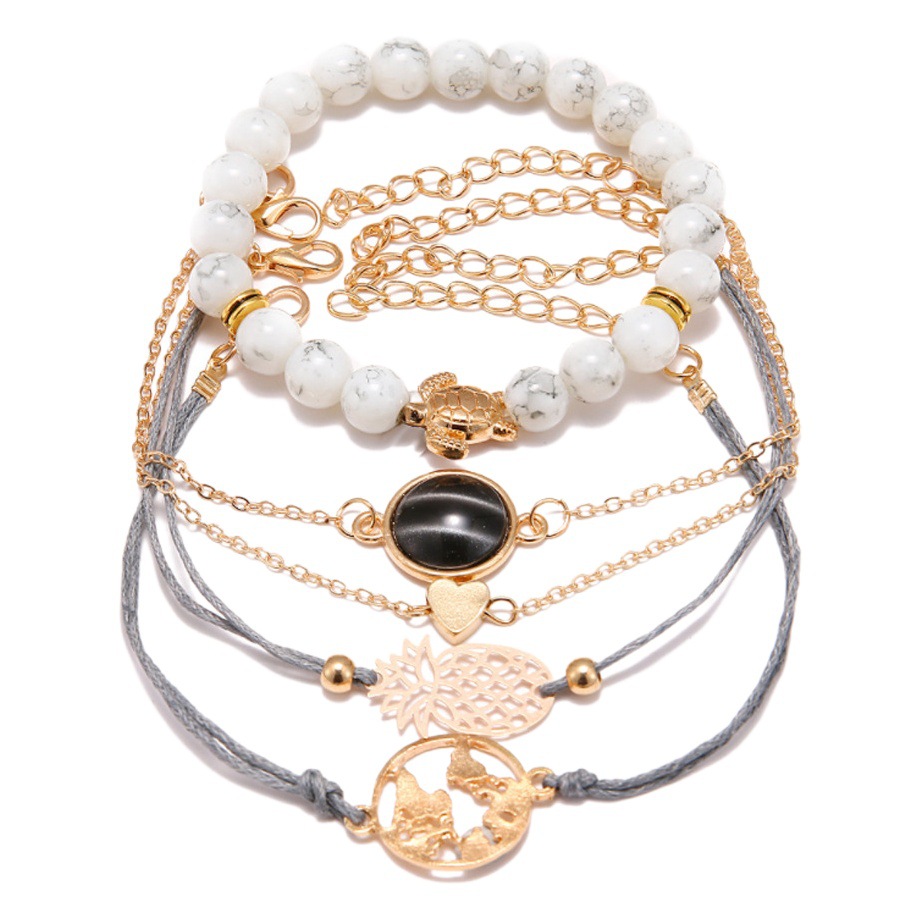 Europa y América transfronteriza moda piña amor negro grano mapa tortuga cian grano cadena diamante turquesa pulsera de cinco piezas conjunto
