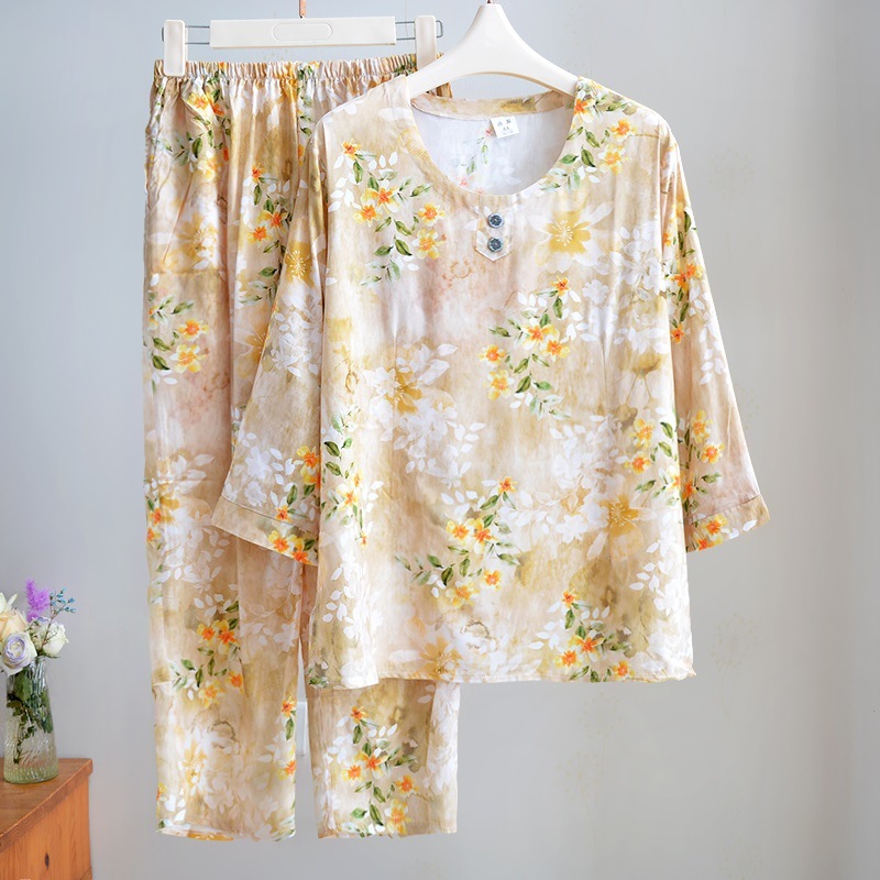 女性用綿シルクパジャマ、夏用薄手、中高年ママ、ゆったり綿シルクホーム服、七分袖お出かけスーツ|undefined
