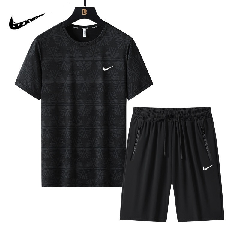 Men's Summer Set with Subtle Pattern, Large Size, Ice Silk Quick-Dry Short Sleeve, Men's Round Neck High-Elasticity Sports Fitness T-Shirt Two-Piece Set, Trendy Men's Summer Set with Subtle Pattern, Large Size, Ice Silk Quick-Dry Short Sleeve, Men's Round Neck High-Elasticity Sports Fitness T-Shirt Two-Piece Set, Trendy