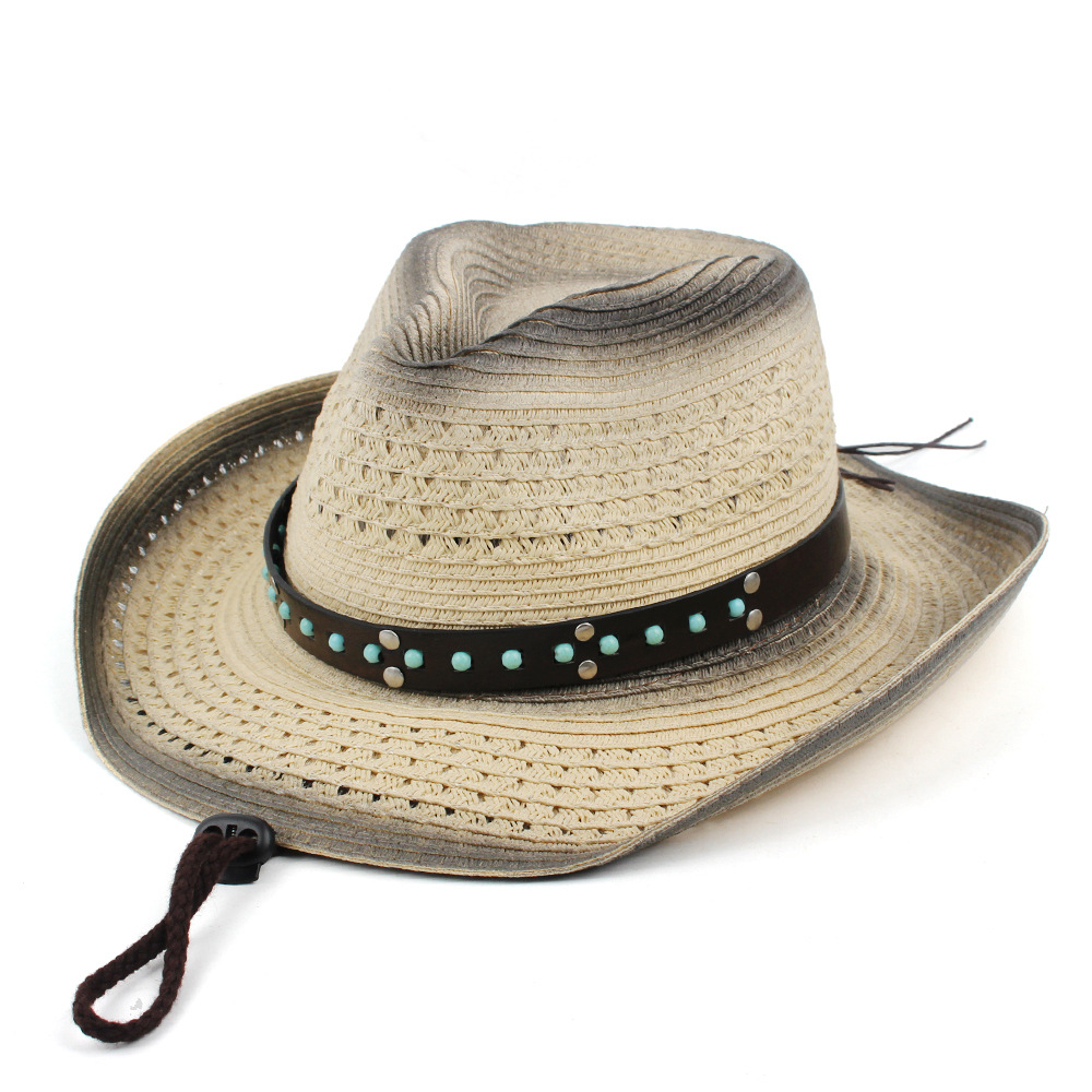 Ventas transfronterizas calientes masculinas y masculinas neutras sombrero de paja vaquero occidental sombrero de sol transpirable al aire libre con decoración de cinturón