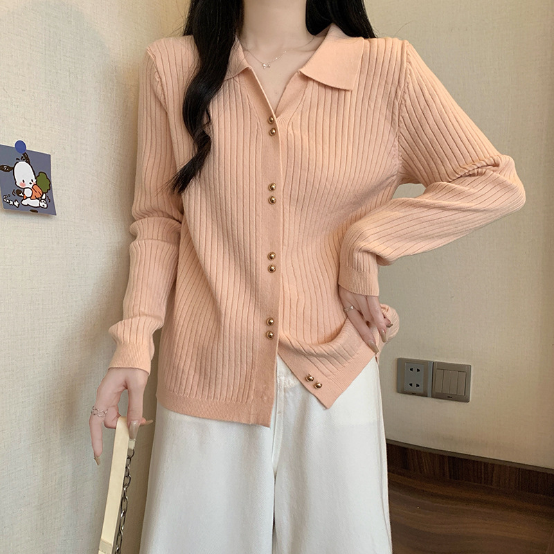 Jingya ポロカラートップ女性の秋の韓国スタイル長袖ニットカーディガン女性のセーターはお腹をカバーし、スリムでスタイリッシュなトップス|undefined