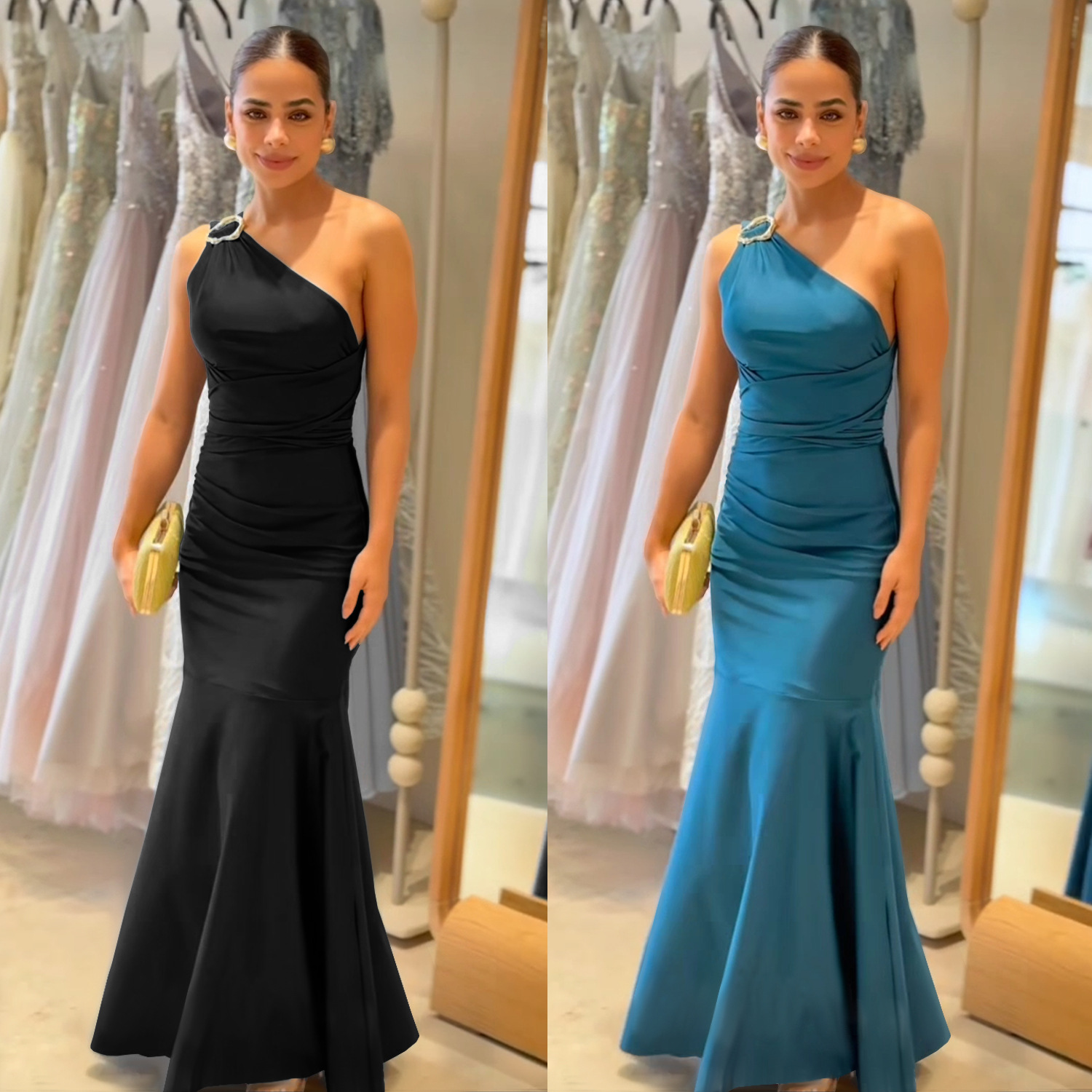 C7553 Aliexpress transfronterizo Amazon Europa y América de moda moda femenina temperamento elegante ajustado color sólido vestido de cola de pescado
