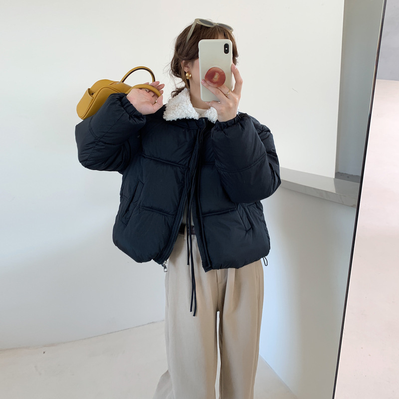 2025冬季羊羔毛棉服女韩版加厚时尚百搭羽绒棉服系带学生棉袄外套|undefined