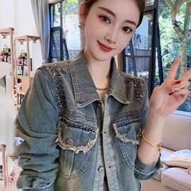 复古做旧烫钻短款牛仔外套女士春秋韩版宽松休闲夹克小个子牛仔衣