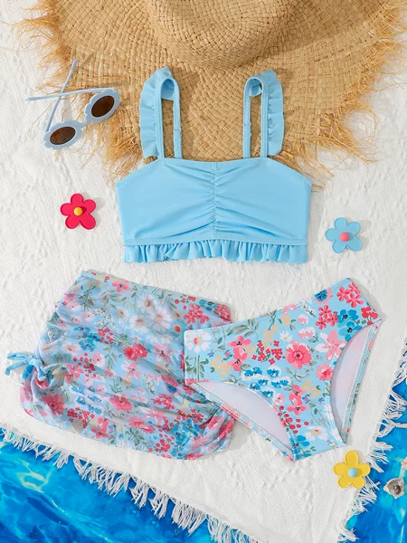 2025 New Cross-Border Girls Split Swimsuit Cute and Comfortable Children's Swimsuit Three-Piece Set with Gauze Skirt 4-7Y