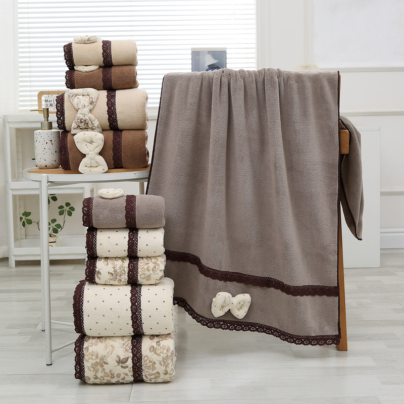 Twilight's new printed bow French lace coral fleece towel, niche pastoral style, cute, absorbent, quick-drying bath towel